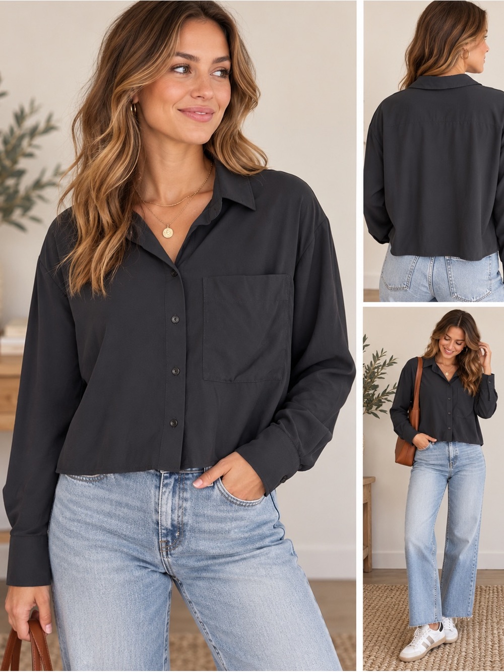 Abercrombie & Fitch Black Cropped Button Up Blouse Women’s M Long Sleeve Pocket